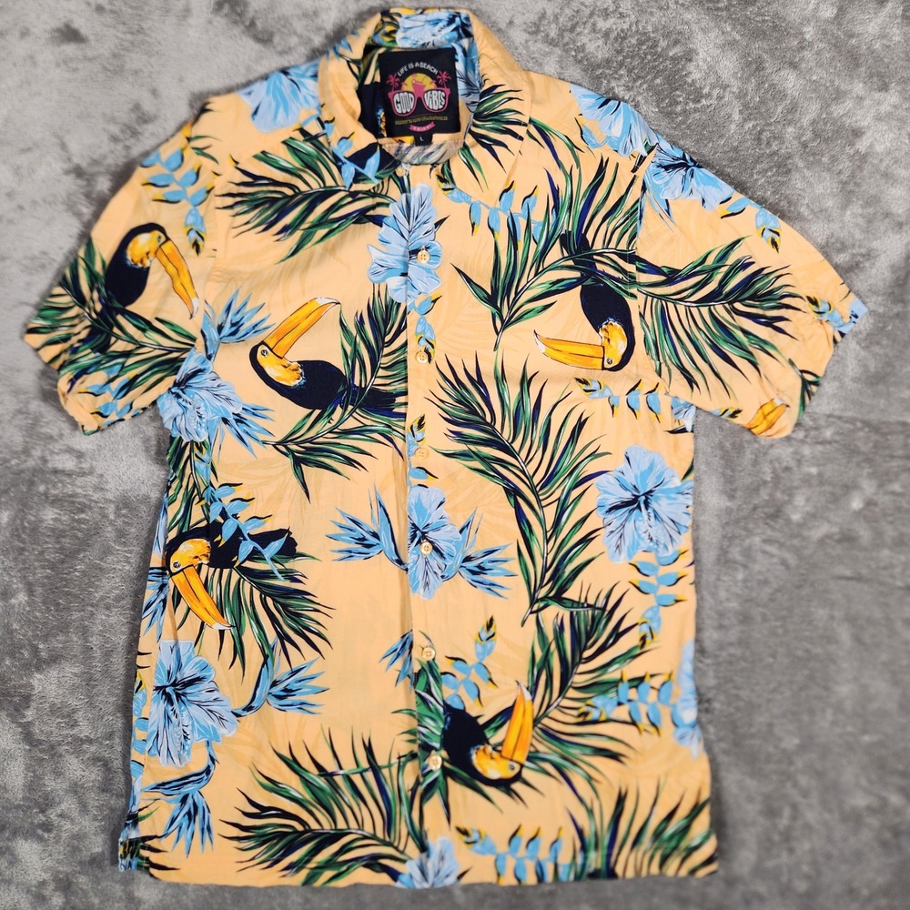 Good Vibes Shirt Mens Large Yellow Excellent Toucan Tropical Drill Clothing Co